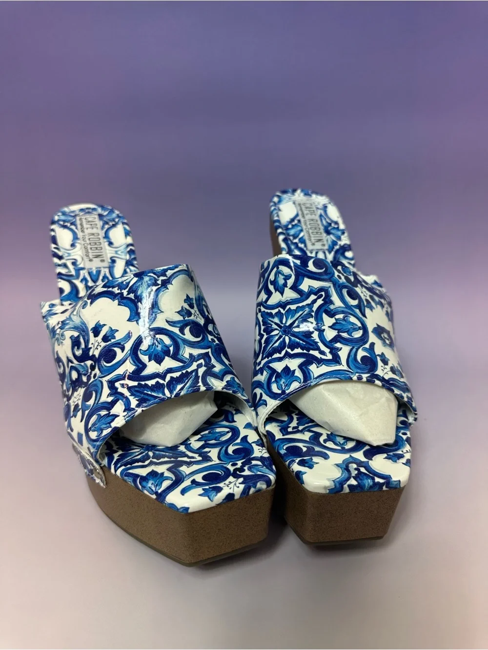 Cape Robbin Blue & White Patterned Platform Wedge Sandals